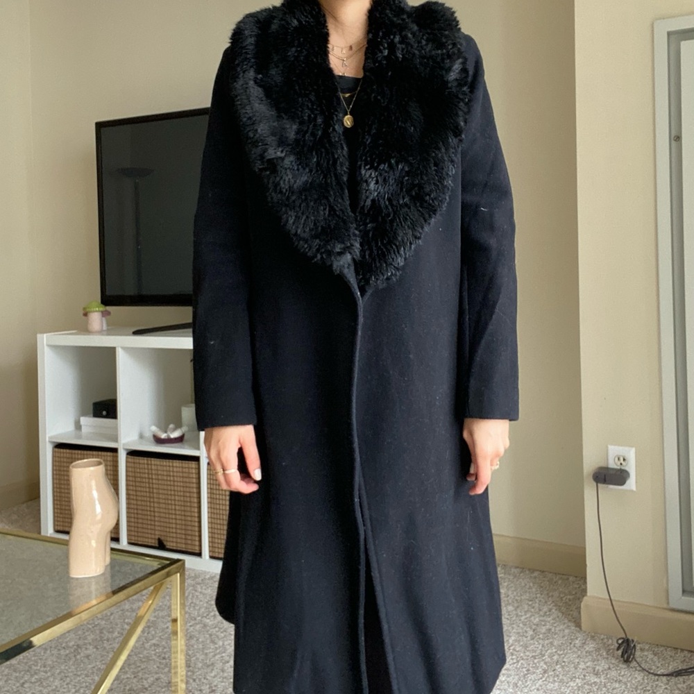 Ralph Lauren black wool coat with faux fur neckline